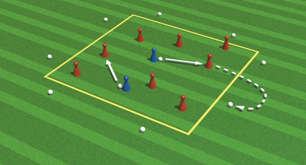 A tactics creator diagram showing players, passing lines and a yellow playing area